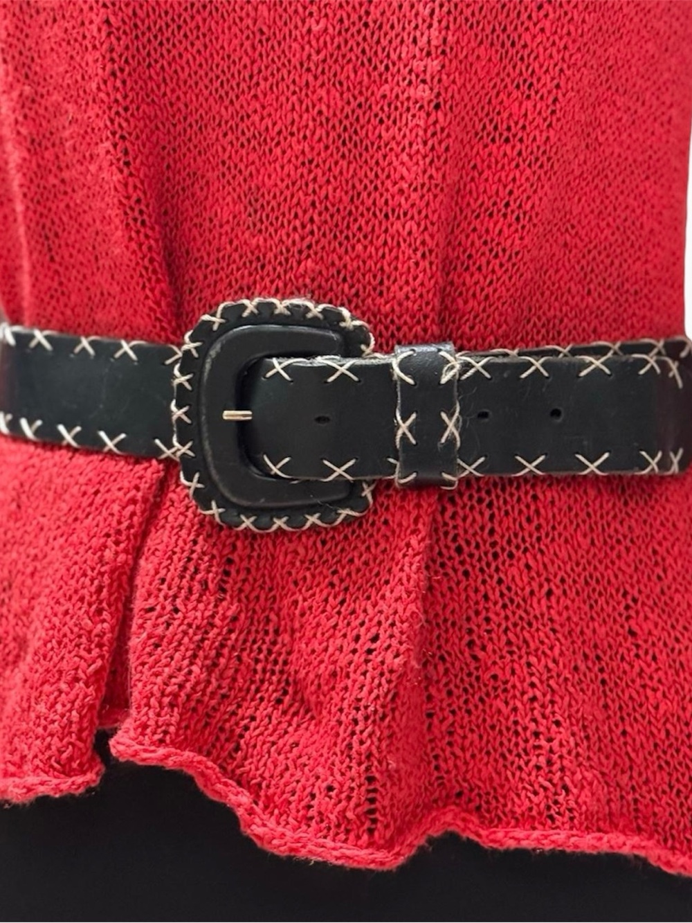 Vintage Black Leather Whipstitch Belt Contrast X Stitch Western Boho Medium 35"